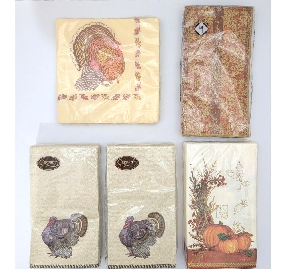 Fall Thanksgiving Paper Napkins Mixed Lot Turkey Pumpkin Leaves Set of 5 Packs